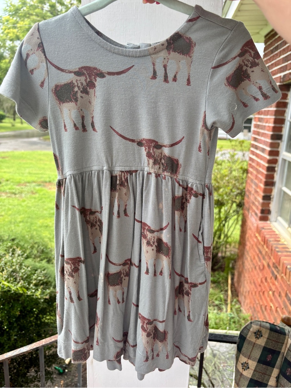 kate quinn 18-24m longhorn cow dress blue grey western ranch